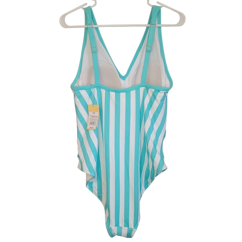 NWT Kona Sol Mint Stripe One Piece Swimsuit Size 20W Plus V Neck Strappy Back - Picture 7 of 13